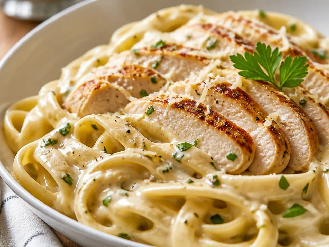 Overhead spread of fifteen chicken alfredo pasta variations in bowls and skillets