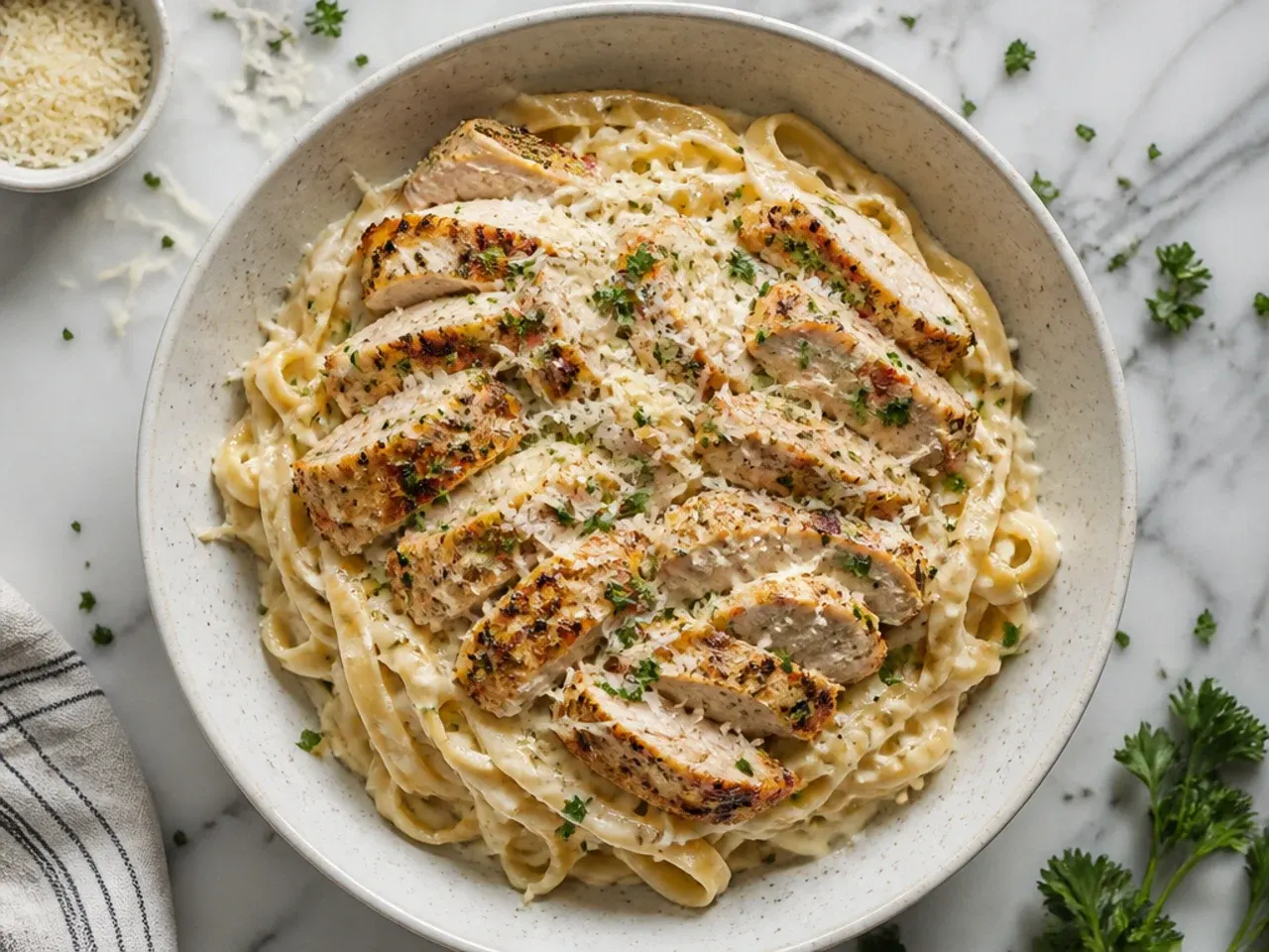 Classic chicken alfredo with sliced chicken breast over fettuccine in a creamy Parmesan sauce