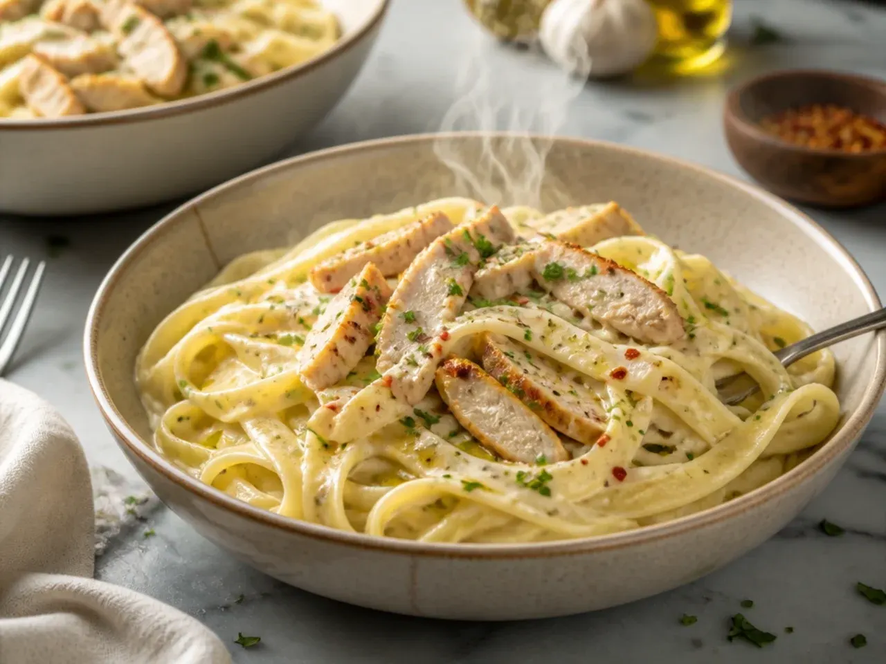 Quick easy chicken alfredo made with rotisserie chicken and doctored jarred sauce