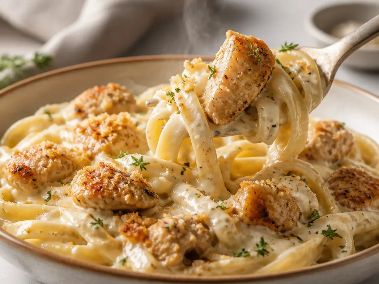 Hearty chicken alfredo loaded with browned bacon and mushrooms