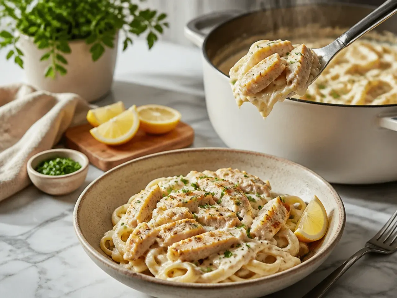 Cozy chicken alfredo with steamed broccoli folded through creamy pasta