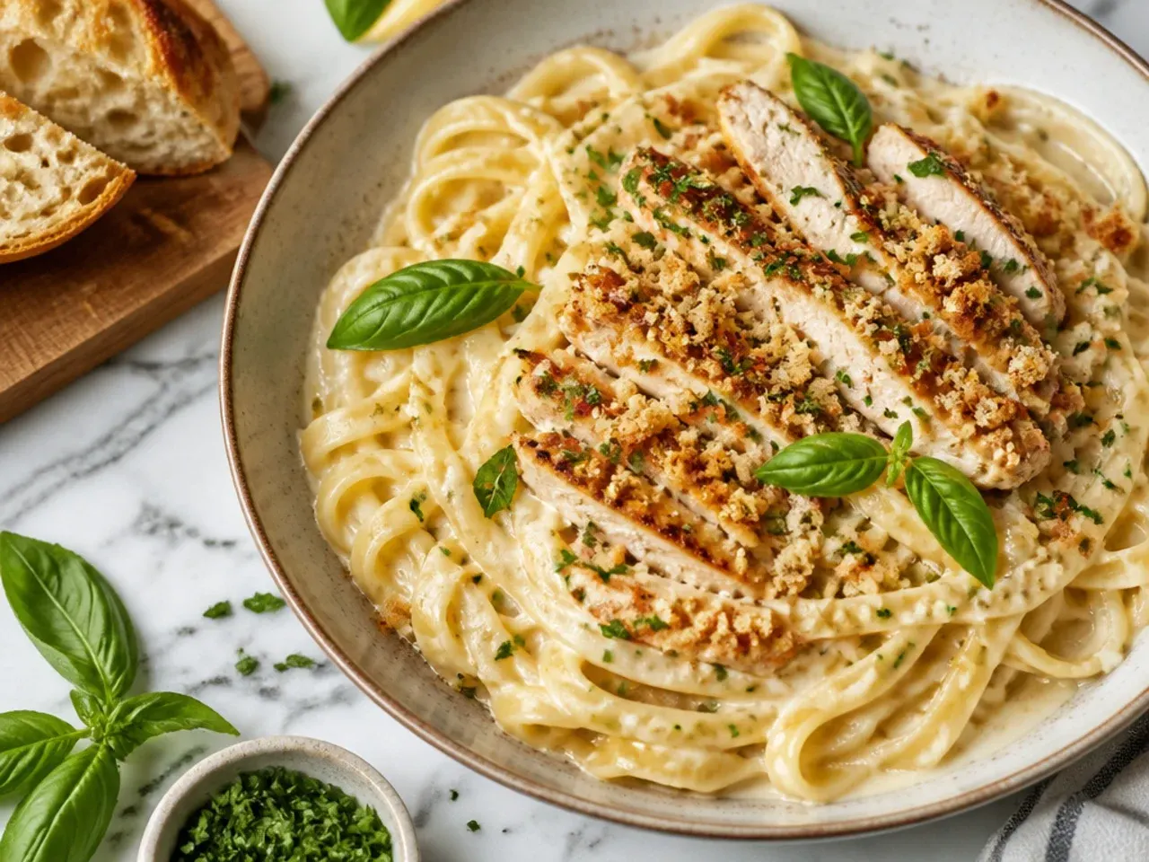 Simple five-ingredient chicken alfredo pasta in a bowl