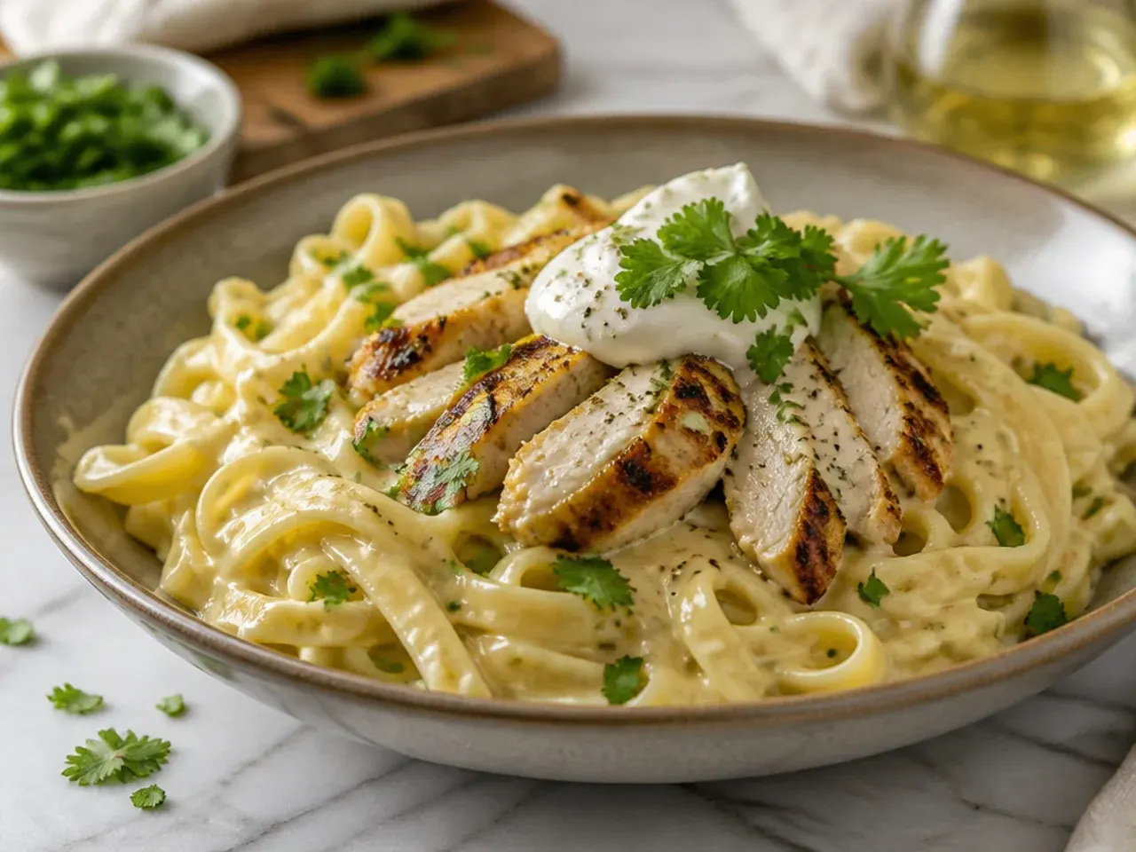 Cheesy chicken alfredo with a stretchy mozzarella and asiago cheese pull