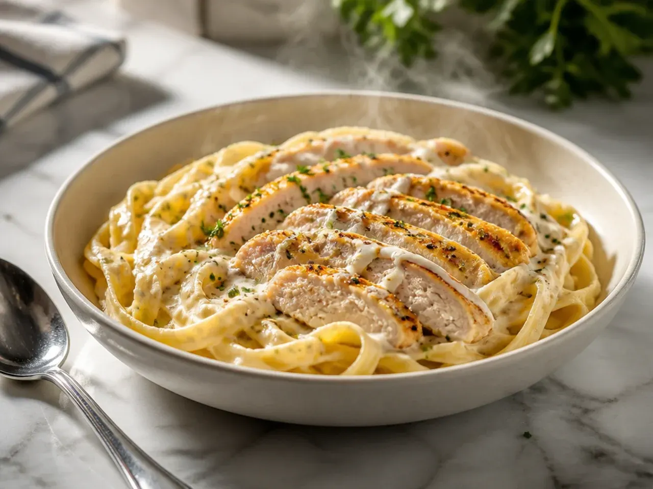 Baked comforting chicken alfredo casserole with a golden breadcrumb topping
