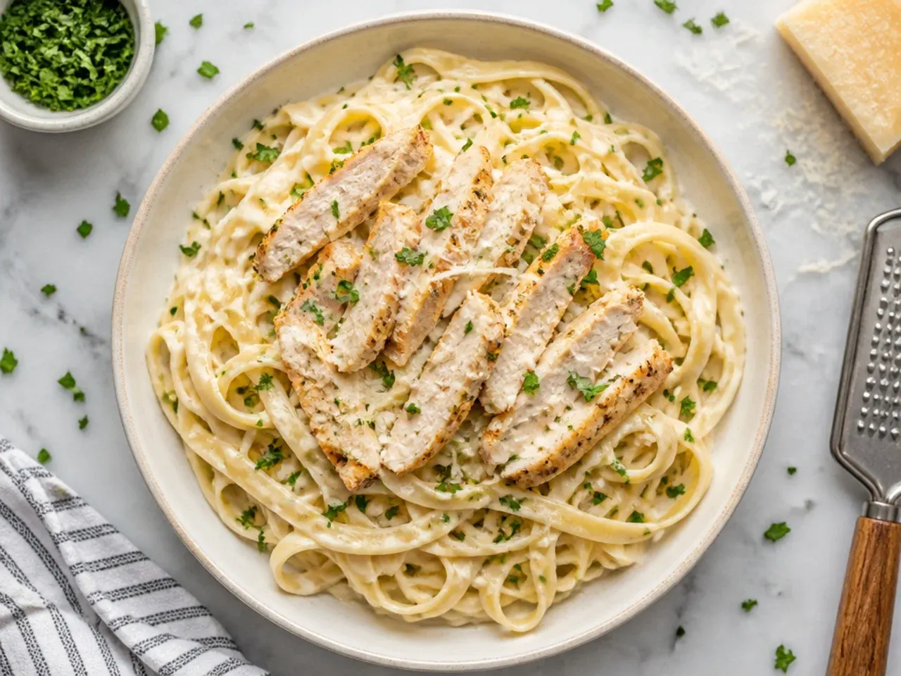 Budget-friendly chicken alfredo made with chicken thighs and a milk-based sauce
