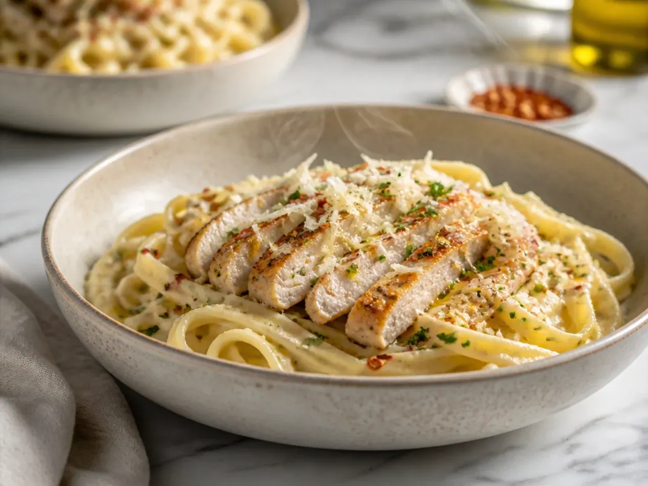 Fast weeknight chicken alfredo with bite-sized chicken pieces