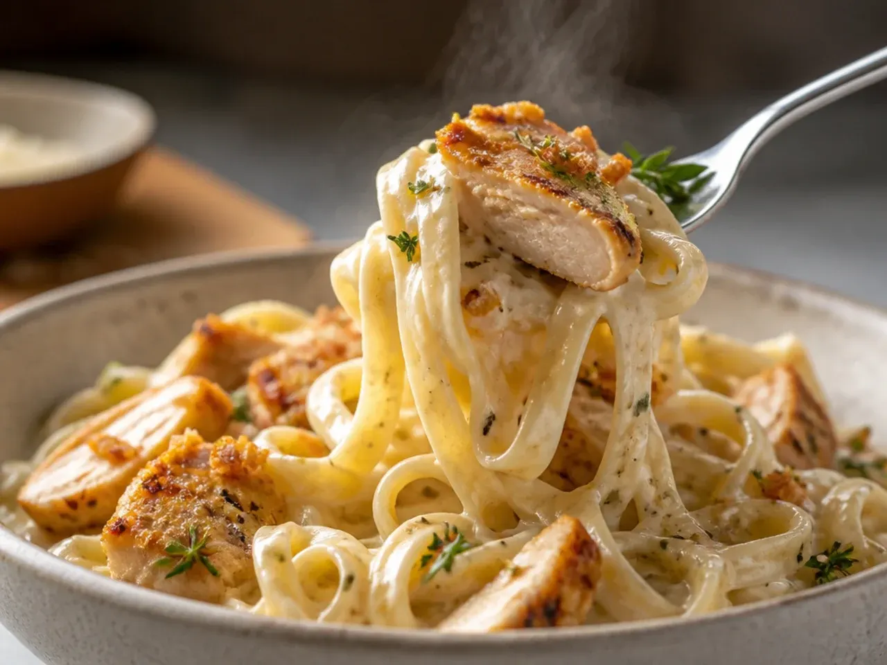 Rustic chicken alfredo with sun-dried tomatoes and wilted spinach