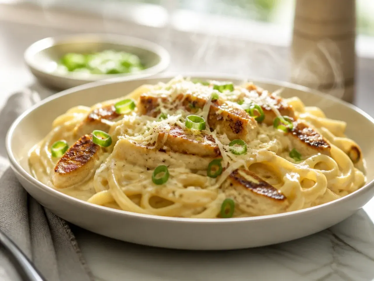 Large family-size chicken alfredo casserole ready to serve