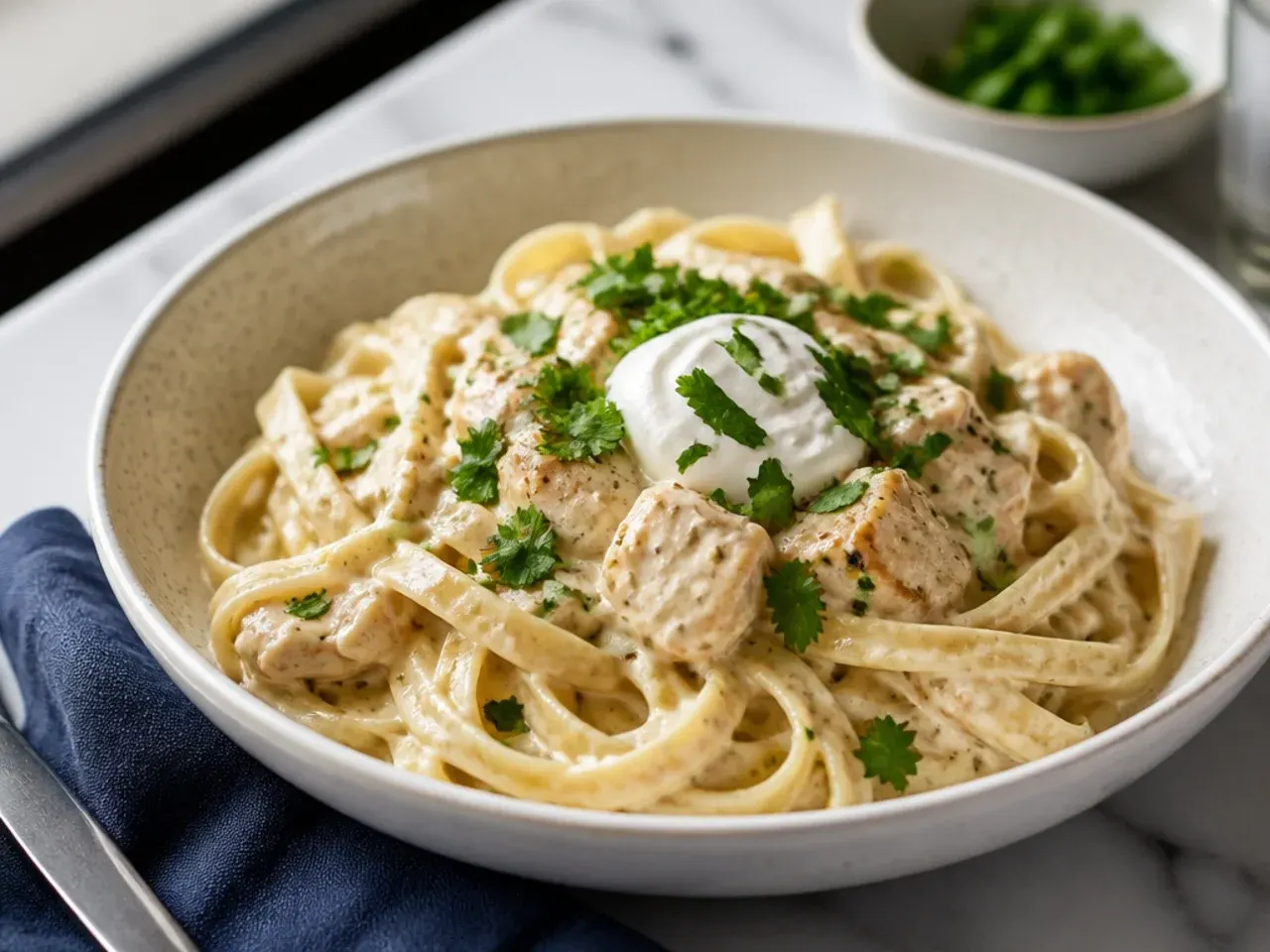 One-pot chicken alfredo simmering in a single skillet