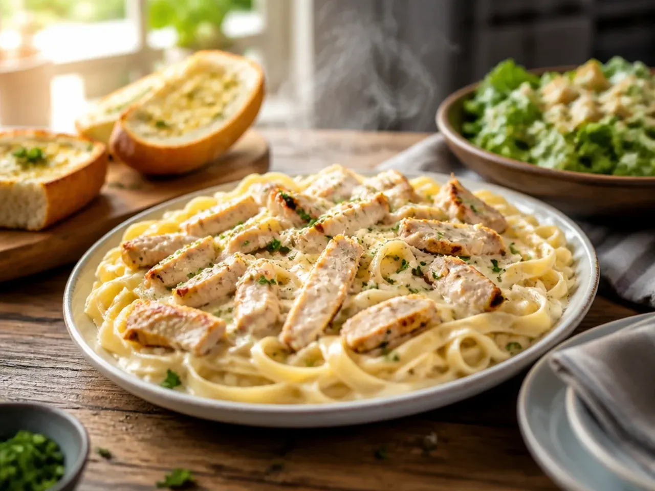 Chicken alfredo plated with a green salad and garlic bread on the side
