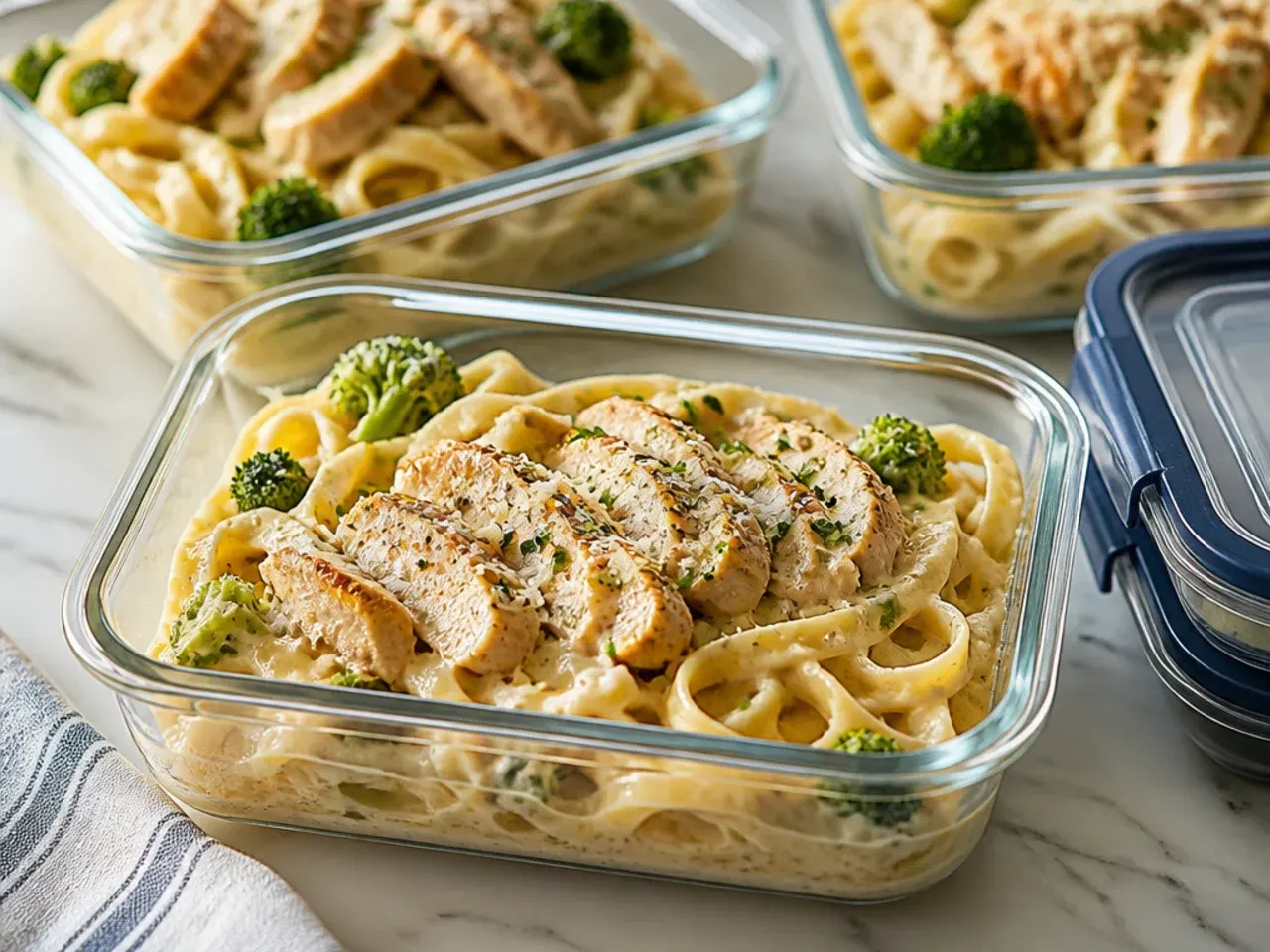 Leftover chicken alfredo stored in an airtight container in the fridge