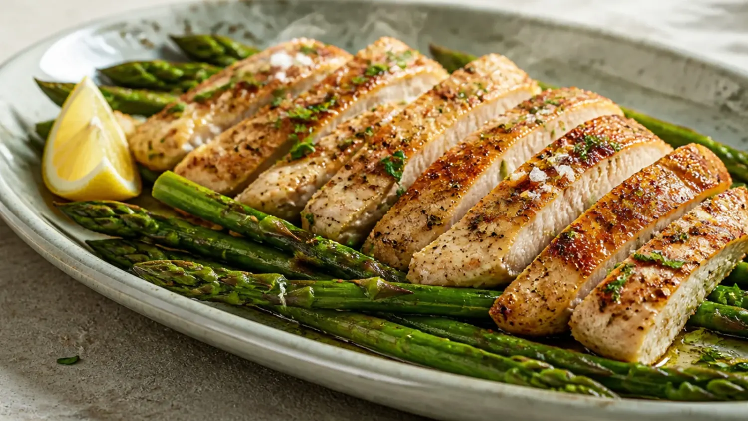 Overhead shot of a skillet of creamy chicken and asparagus in a garlic butter sauce, garnished with lemon and parsley