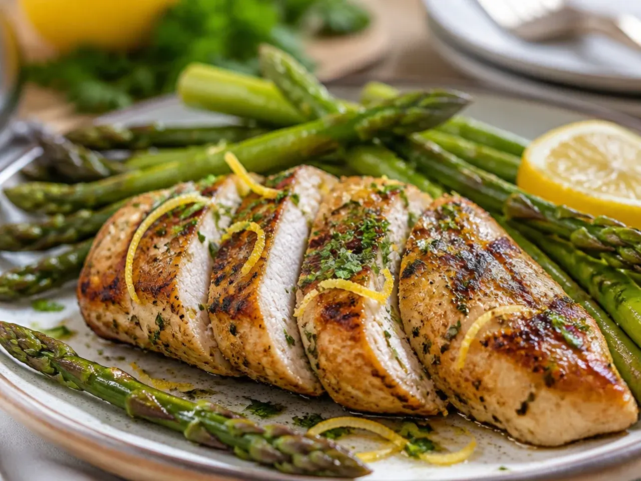 Ingredients for chicken and asparagus recipes laid out on a wooden board, including raw chicken breasts, asparagus spears, garlic and lemon