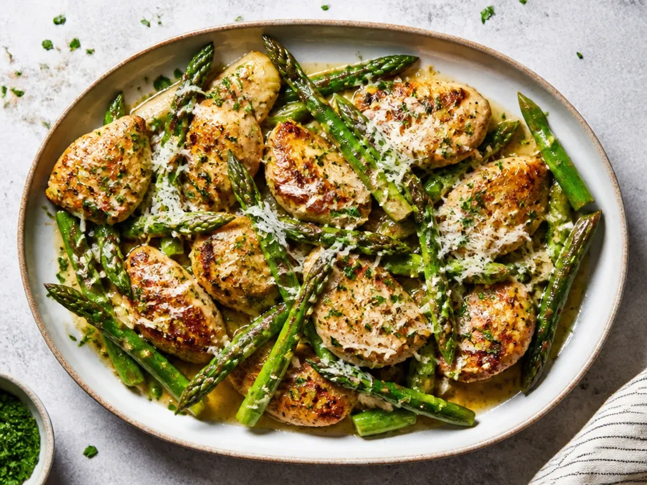 Golden pan-seared chicken breast and asparagus in a garlic butter sauce in a cast iron skillet