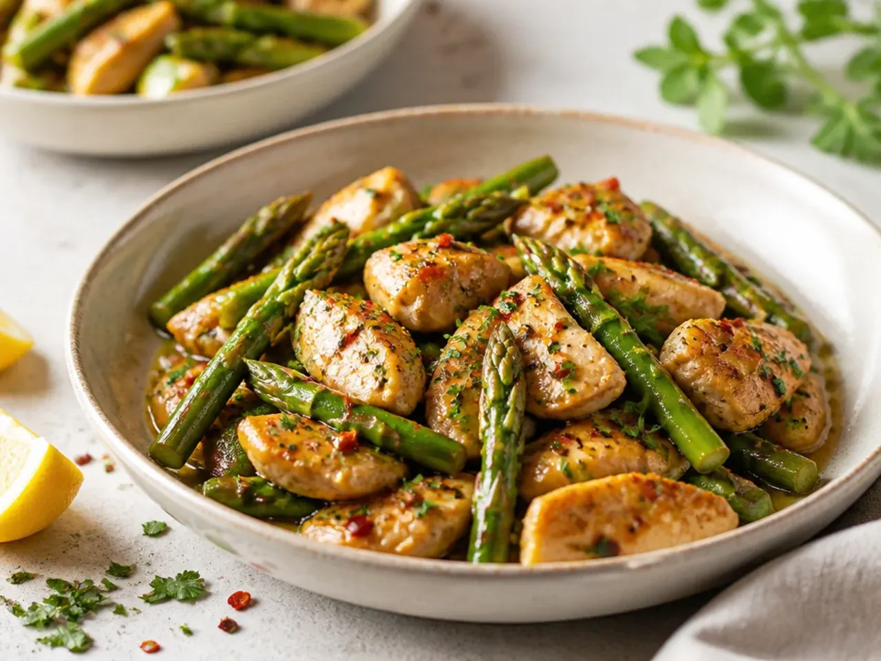 Quick chicken and asparagus stir-fry strips in a hot skillet