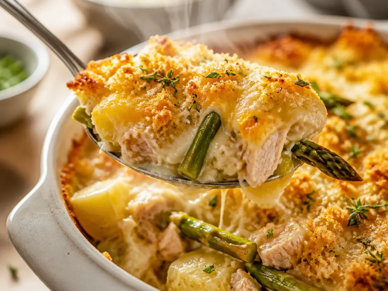 Baking dish of chicken, potato chunks and asparagus in a bubbling cheese sauce, fresh from the oven