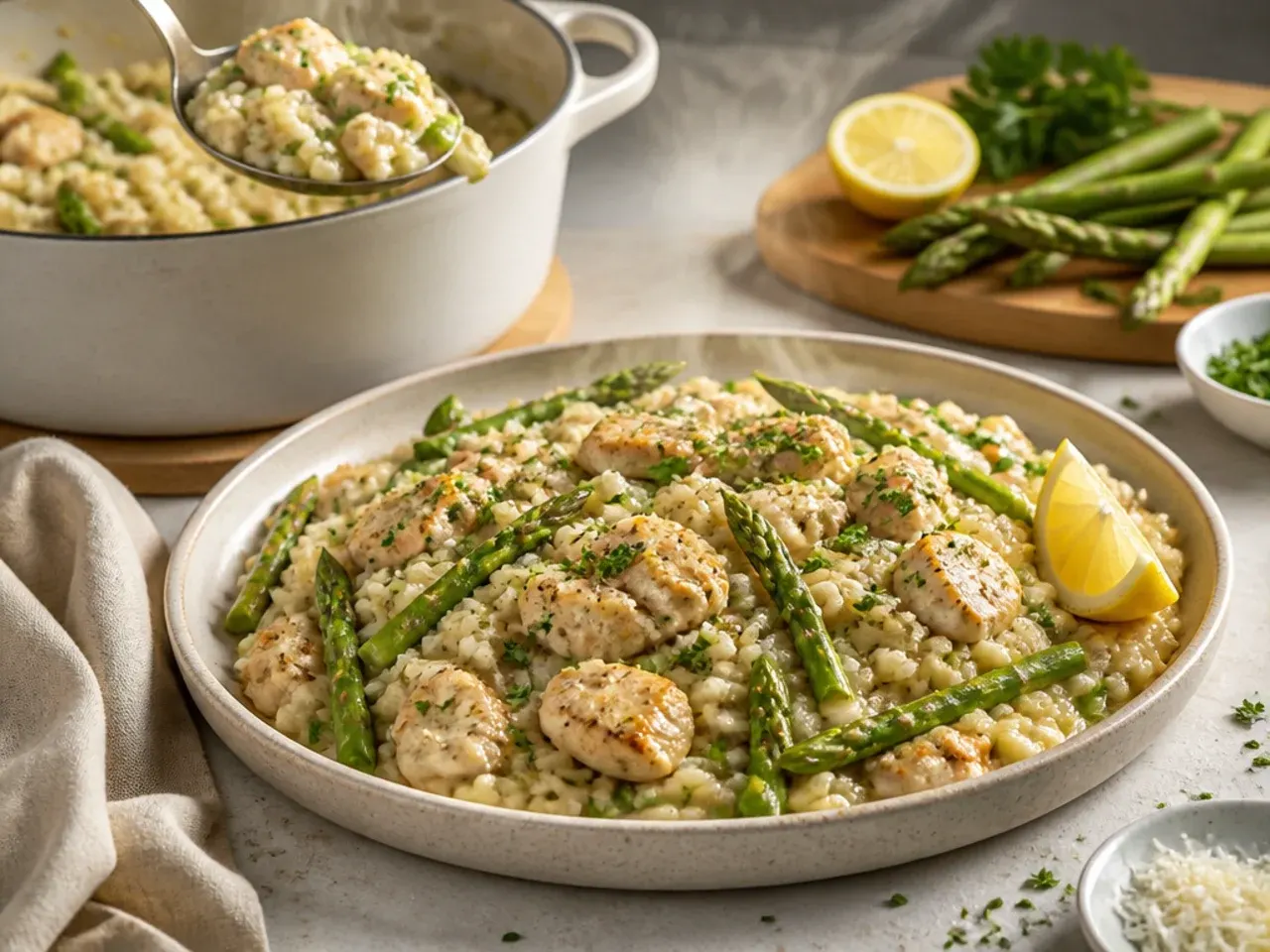 Creamy chicken and asparagus risotto in a shallow bowl topped with parmesan
