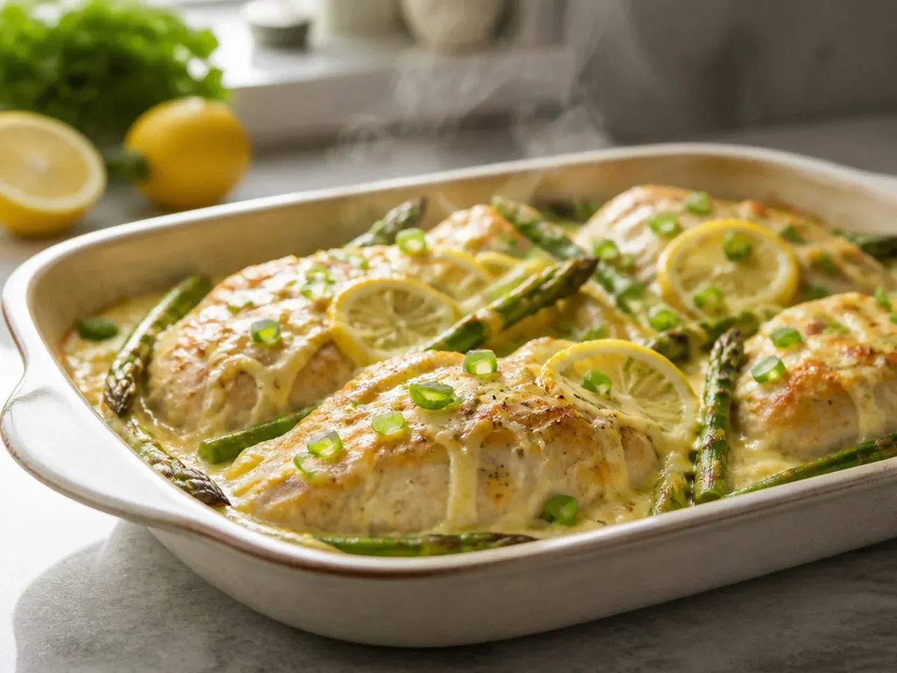 Creamy lemon chicken and asparagus skillet with sauce being spooned over the top