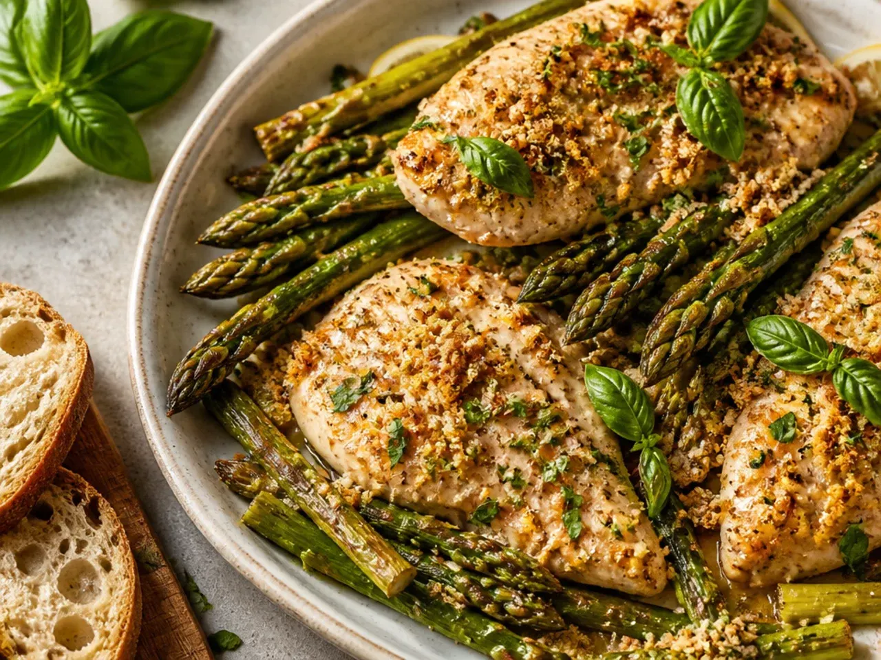 Sheet pan of roasted chicken breasts and asparagus spears straight from the oven