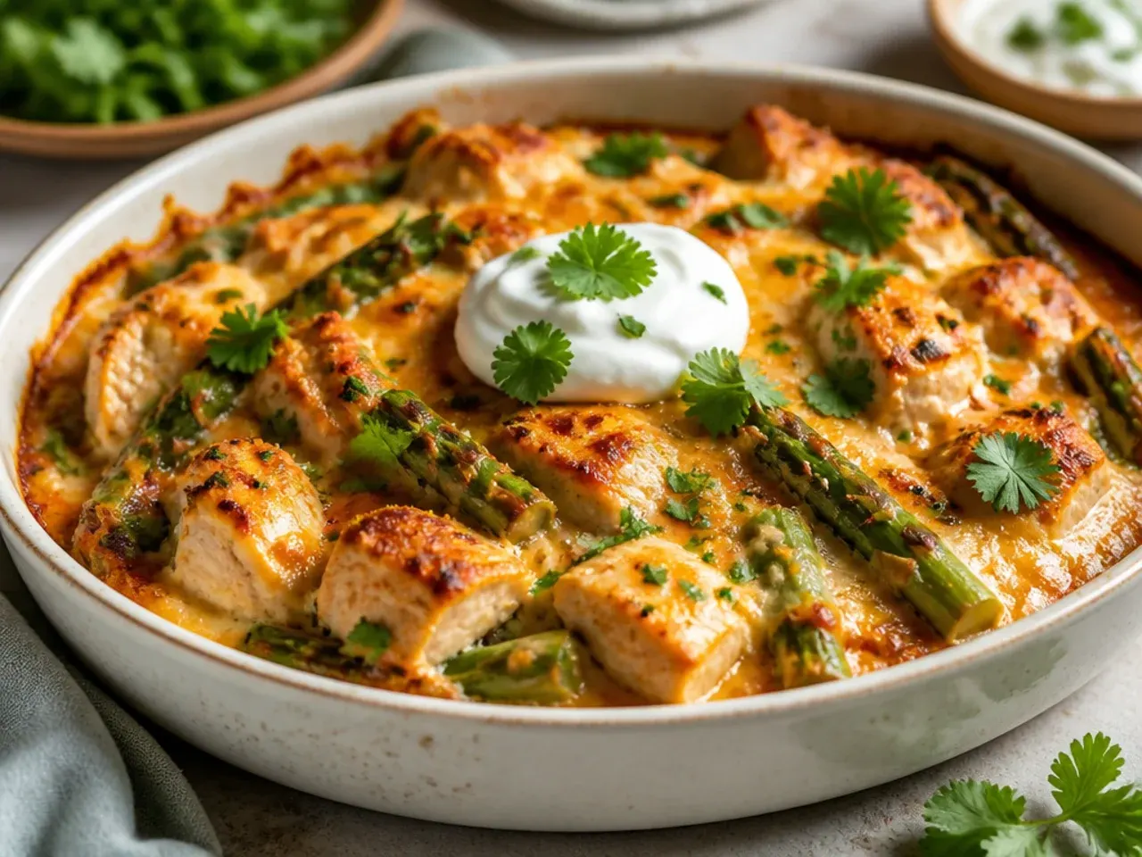 Bubbling cheesy chicken and asparagus bake in a white ceramic dish