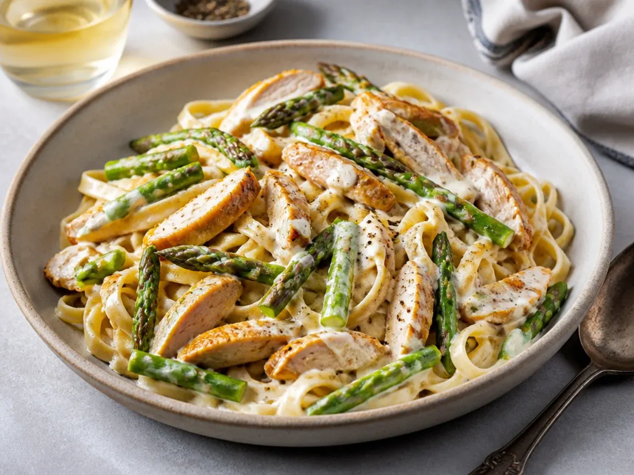 Bowl of creamy chicken and asparagus pasta twirled around a fork