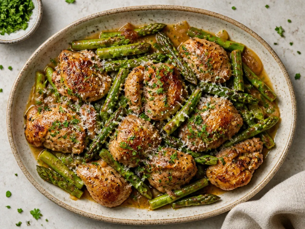 Budget chicken thigh and asparagus stir-fry with mixed vegetables in a wok