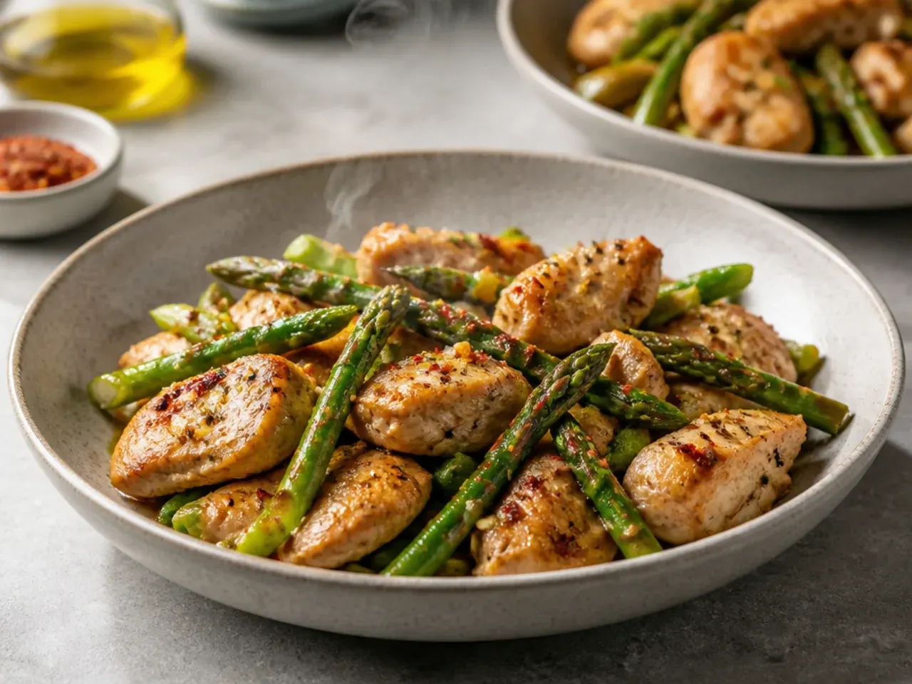 Weeknight chicken and asparagus stir-fry served over steamed rice