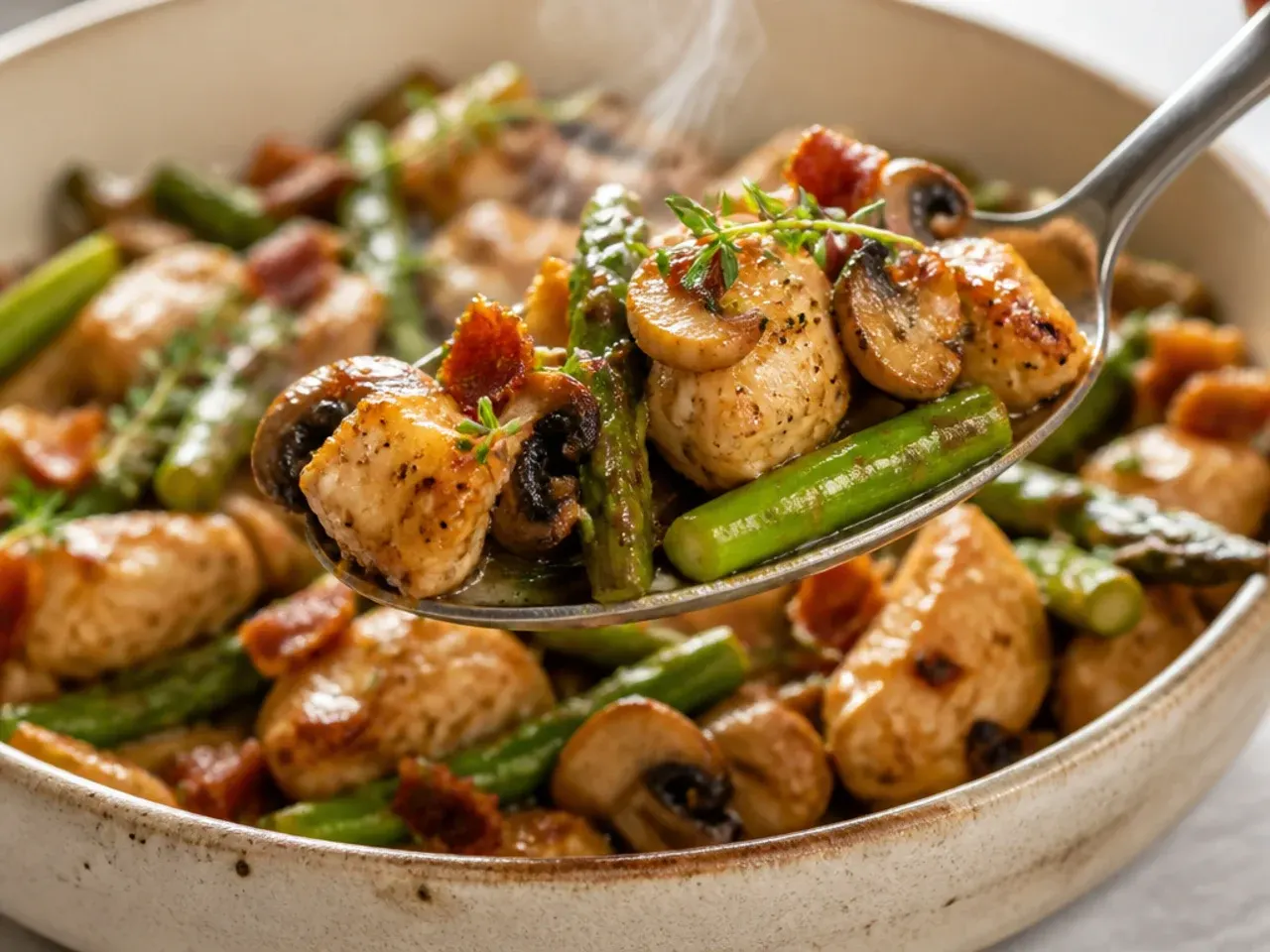 Rustic skillet of chicken, asparagus and sliced mushrooms in a savoury sauce