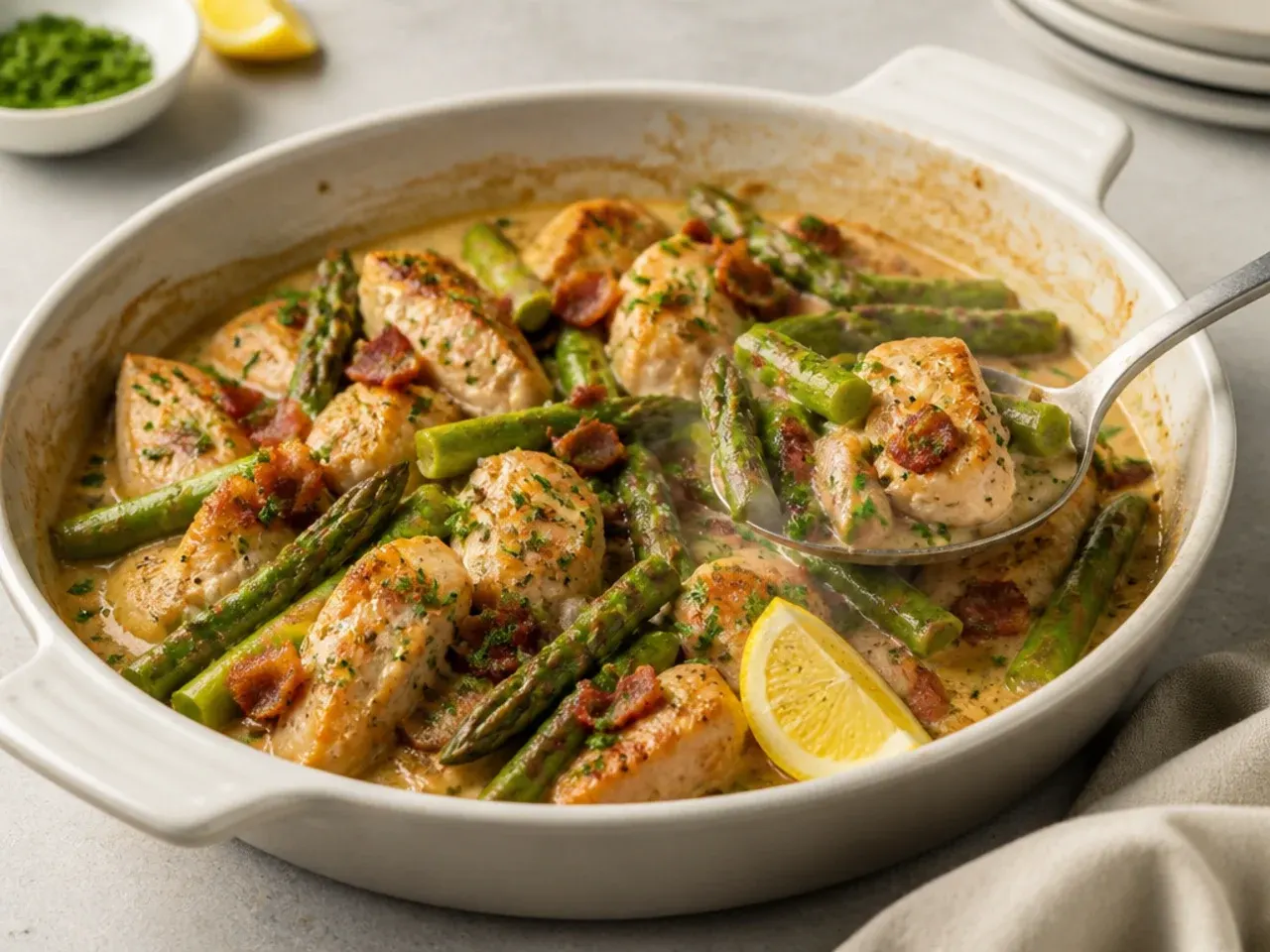 Loaded chicken and asparagus skillet topped with crispy bacon pieces