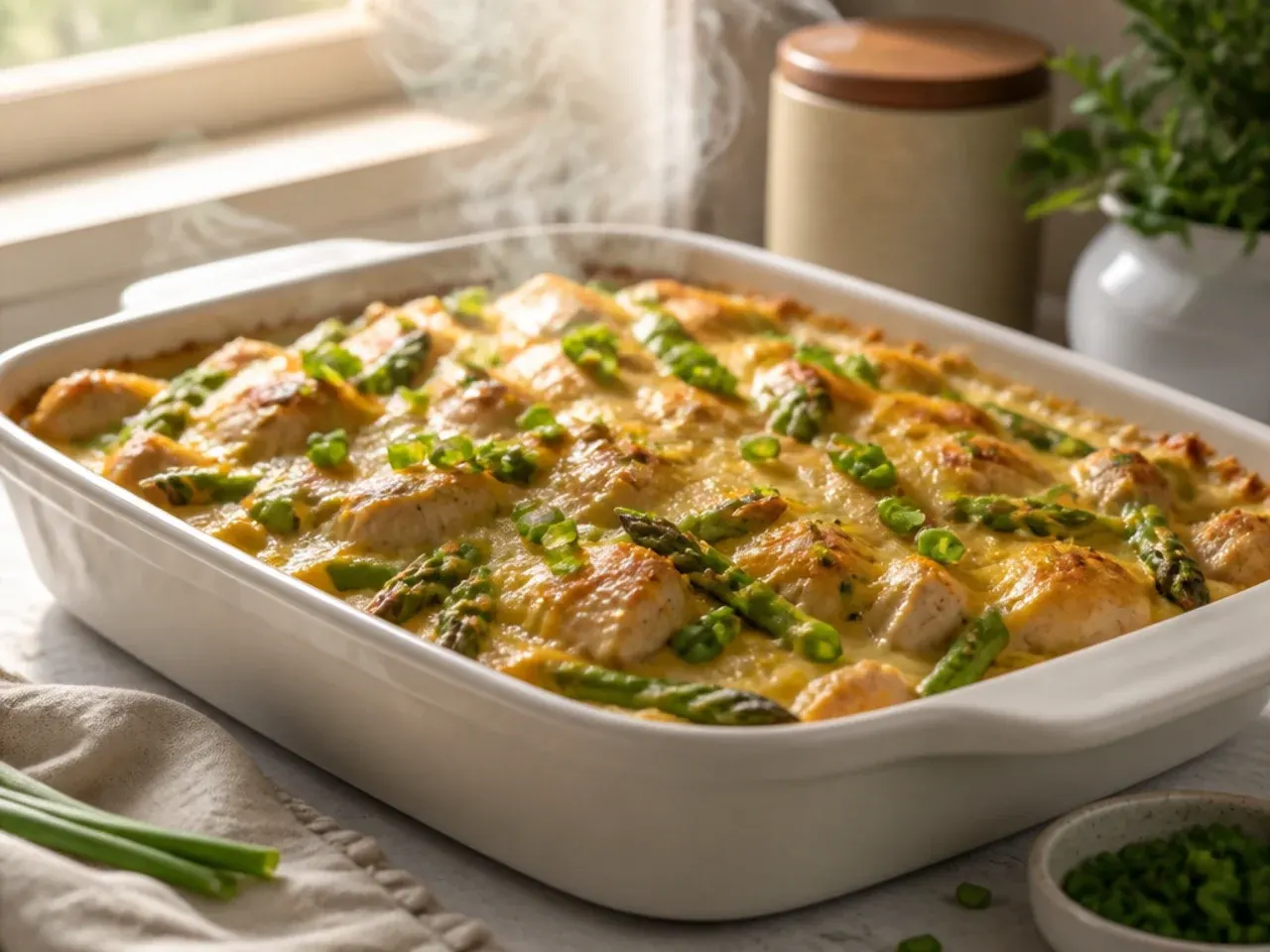Family-size chicken and asparagus casserole with a golden breadcrumb topping