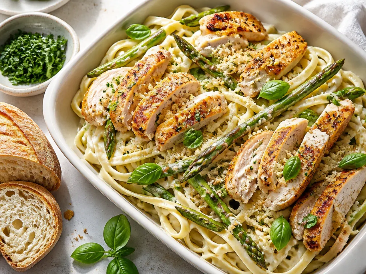 Rich chicken and asparagus alfredo in a pan with a wooden spoon lifting the sauce