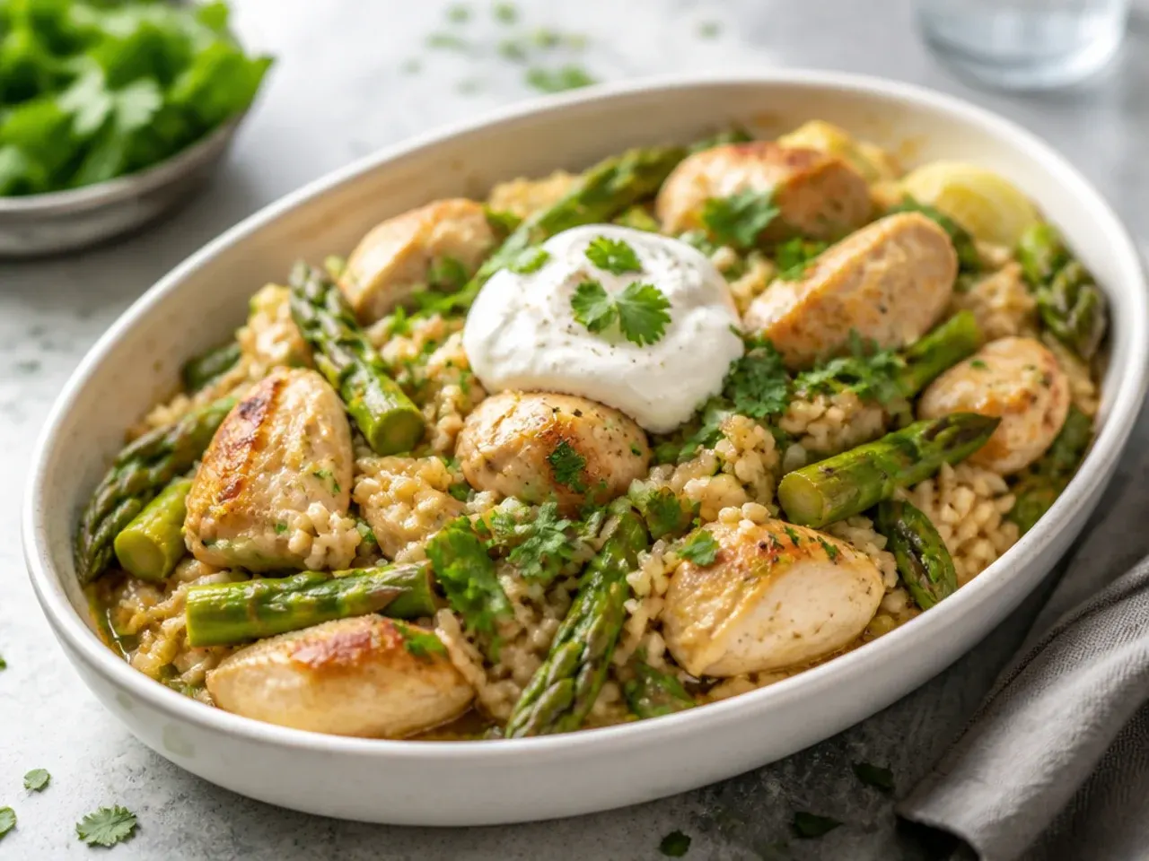 One-pot chicken, asparagus and rice dish in a Dutch oven with the lid resting beside it