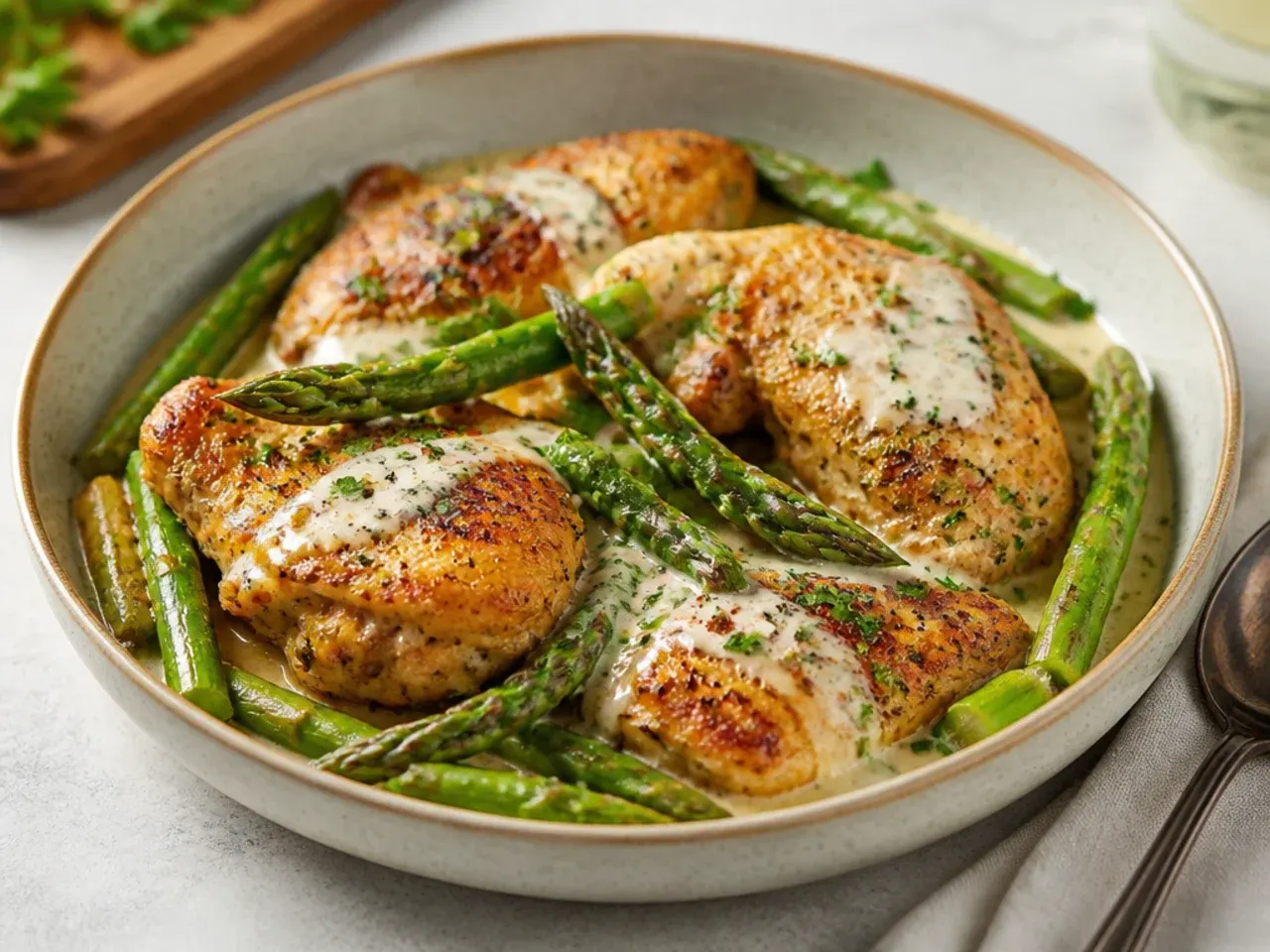 Roasted bone-in chicken with crispy skin and asparagus spears on a roasting tray