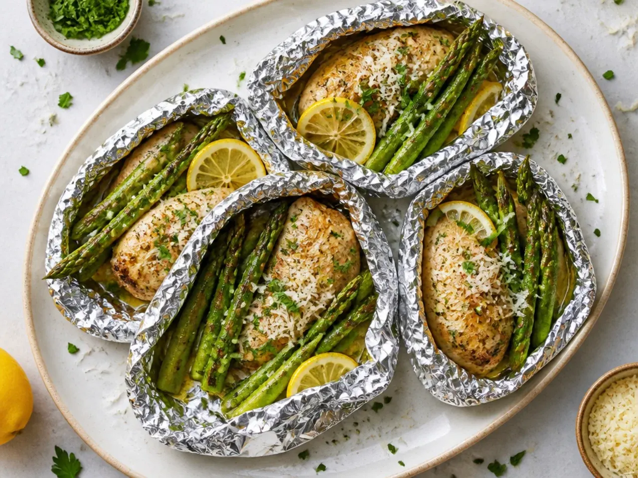 Opened foil packet revealing steamed chicken and asparagus with a lemon slice on top