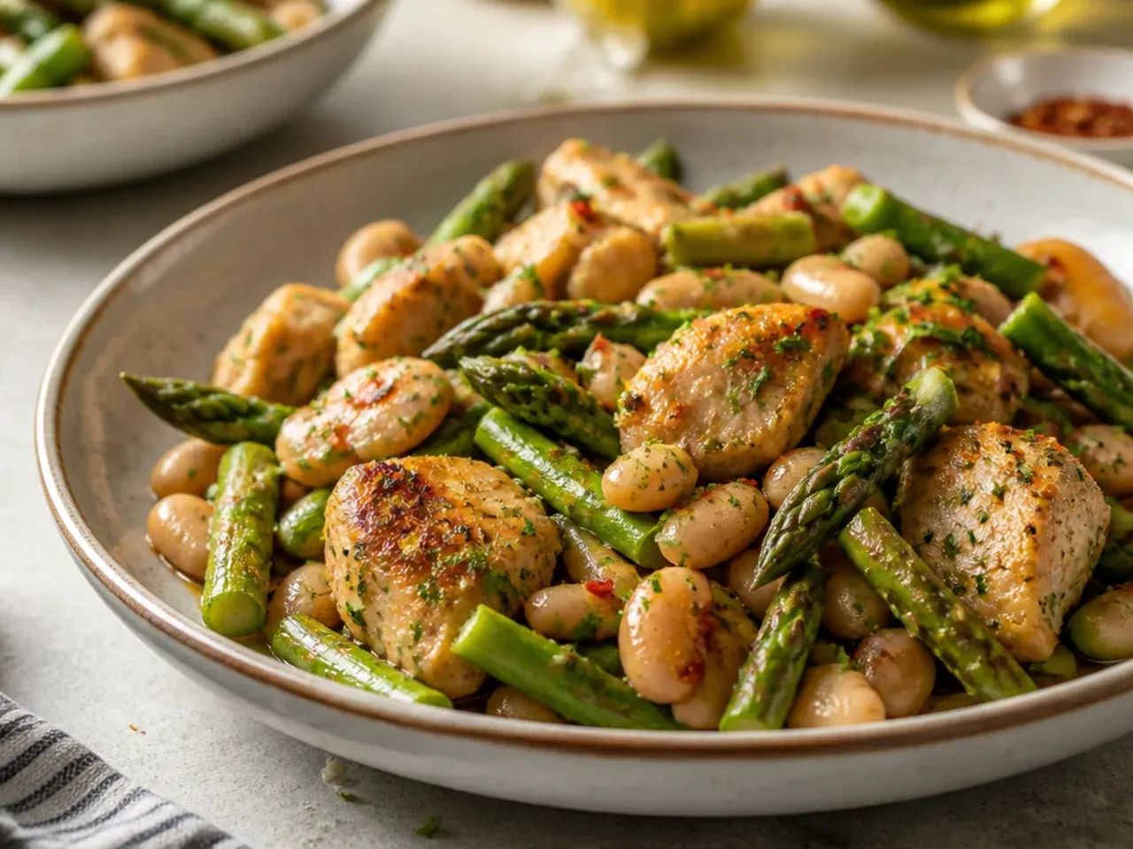Chicken, asparagus and white bean skillet in a rich sauce