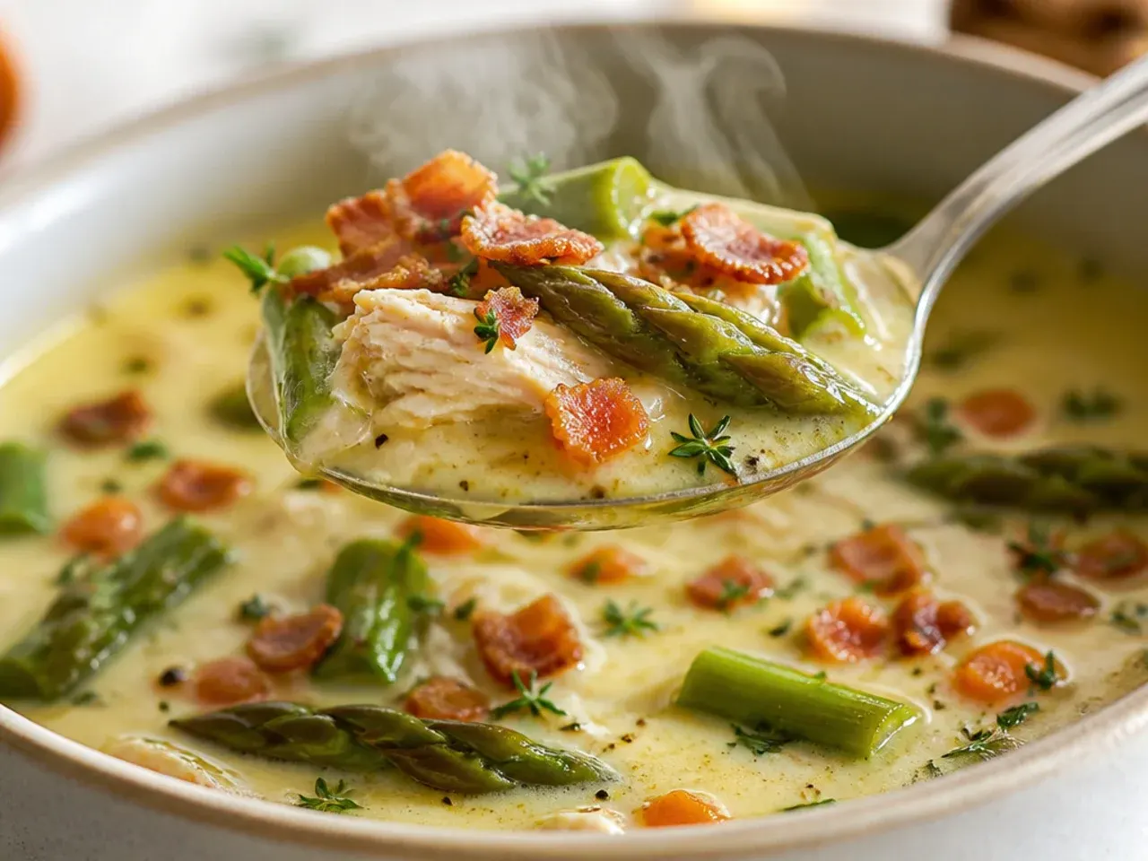 Bowl of warm chicken and asparagus soup with a swirl of cream on top