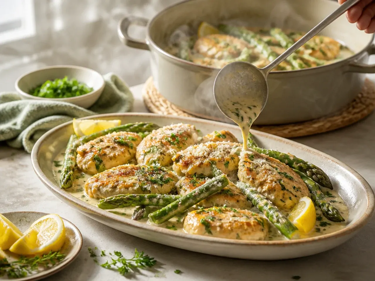Creamy parmesan chicken and asparagus skillet with melted cheese strands