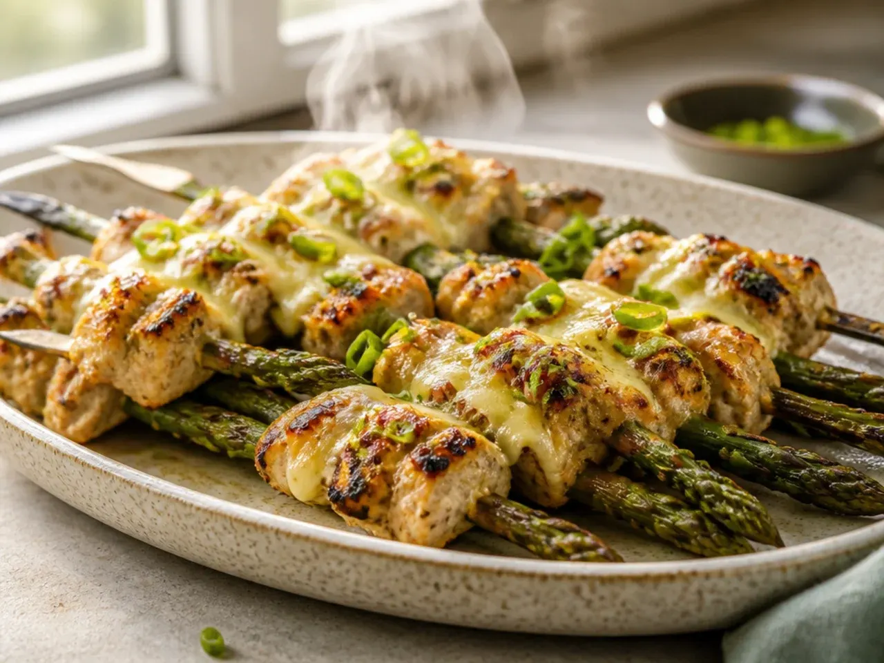 Grilled chicken and asparagus skewers charring on a barbecue