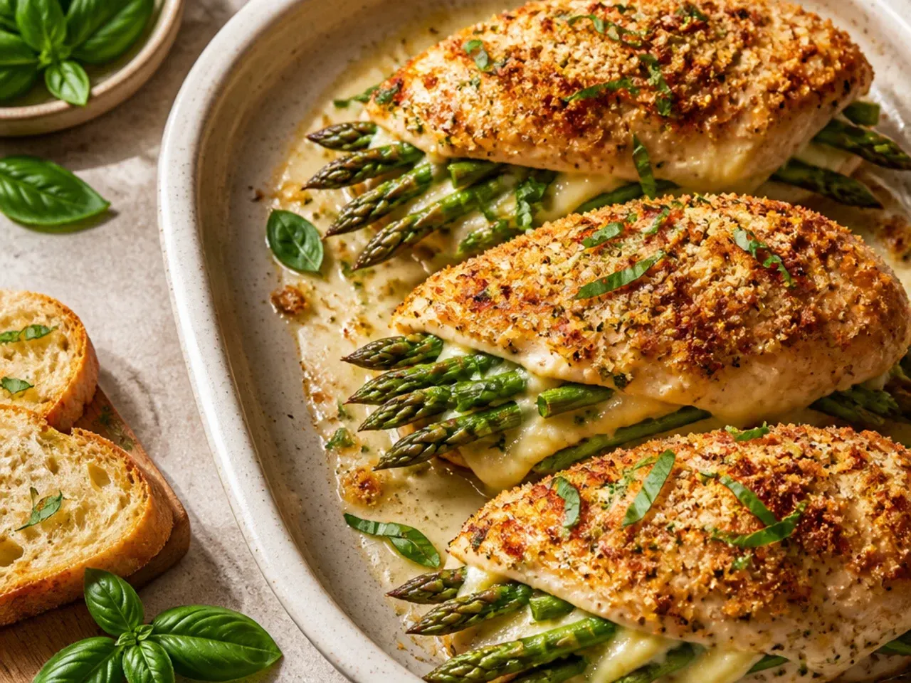 Sliced stuffed chicken breast revealing a cheesy asparagus filling