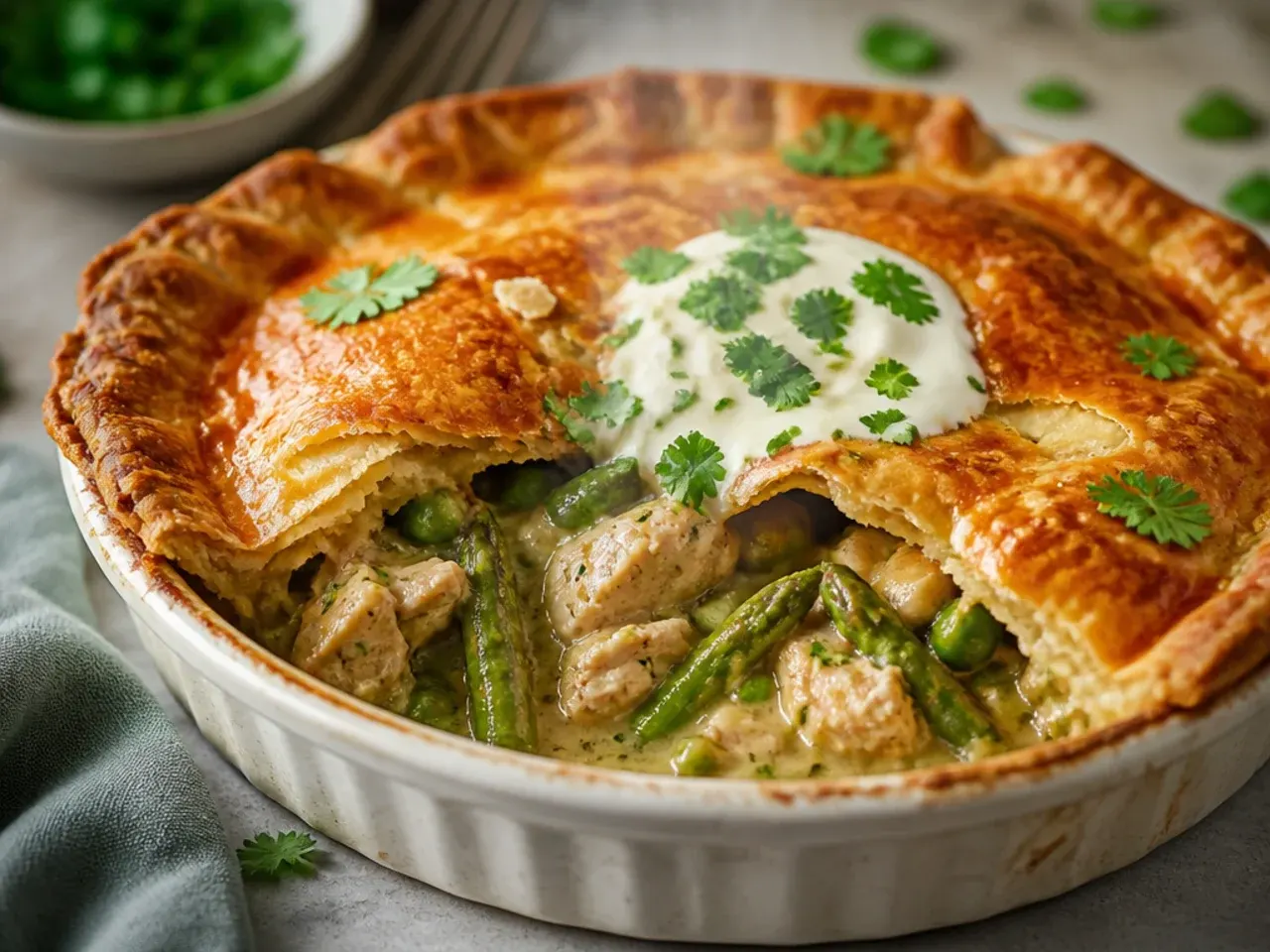 Golden puff pastry chicken and asparagus pot pie fresh from the oven