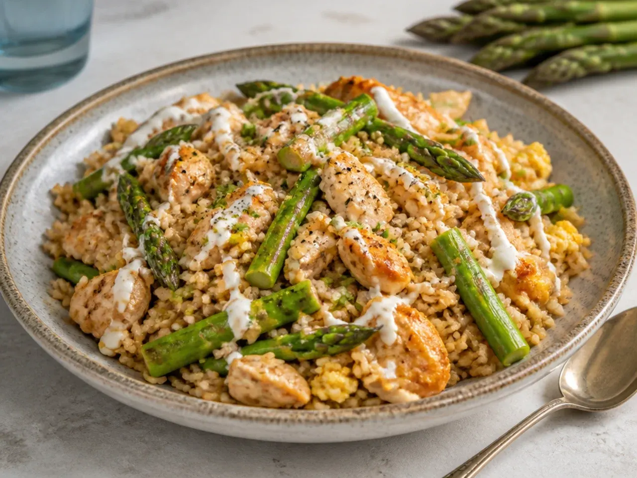 Wok of chicken and asparagus fried rice with scrambled egg