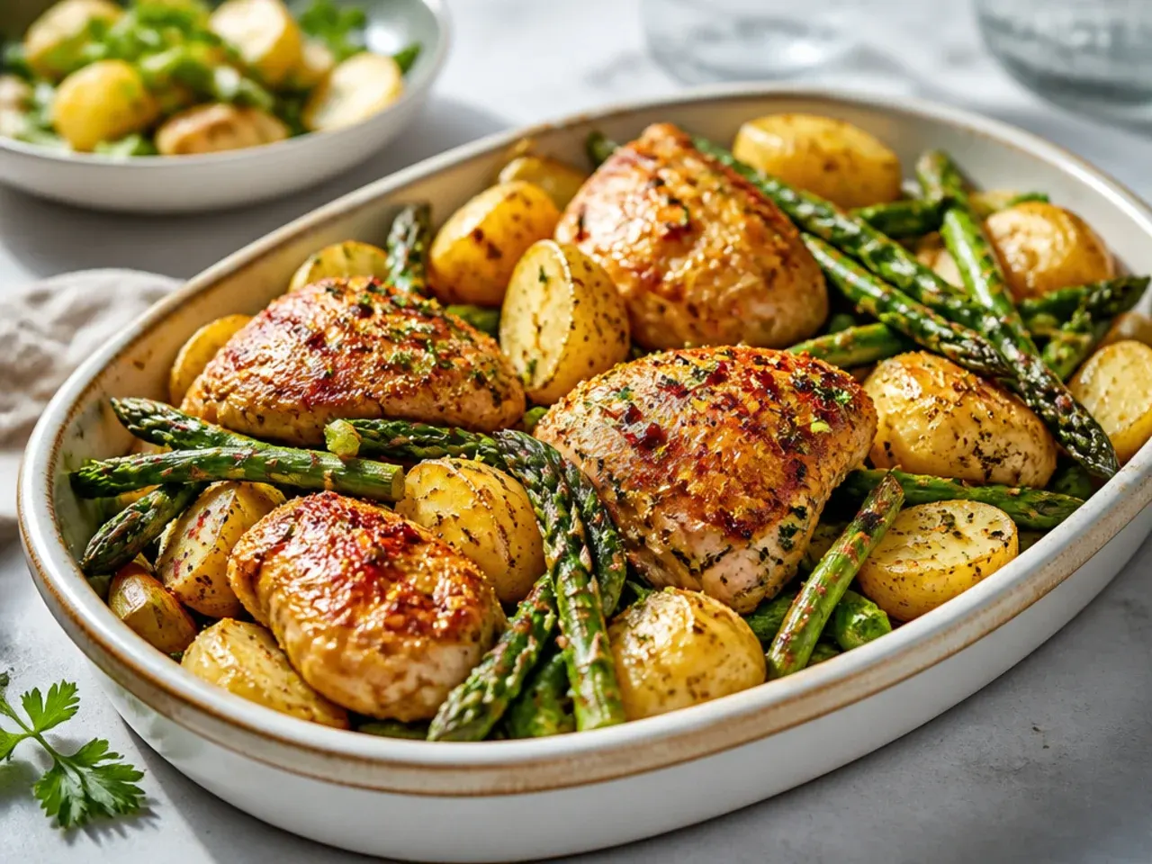 Rustic traybake of chicken thighs, new potatoes and asparagus with rosemary