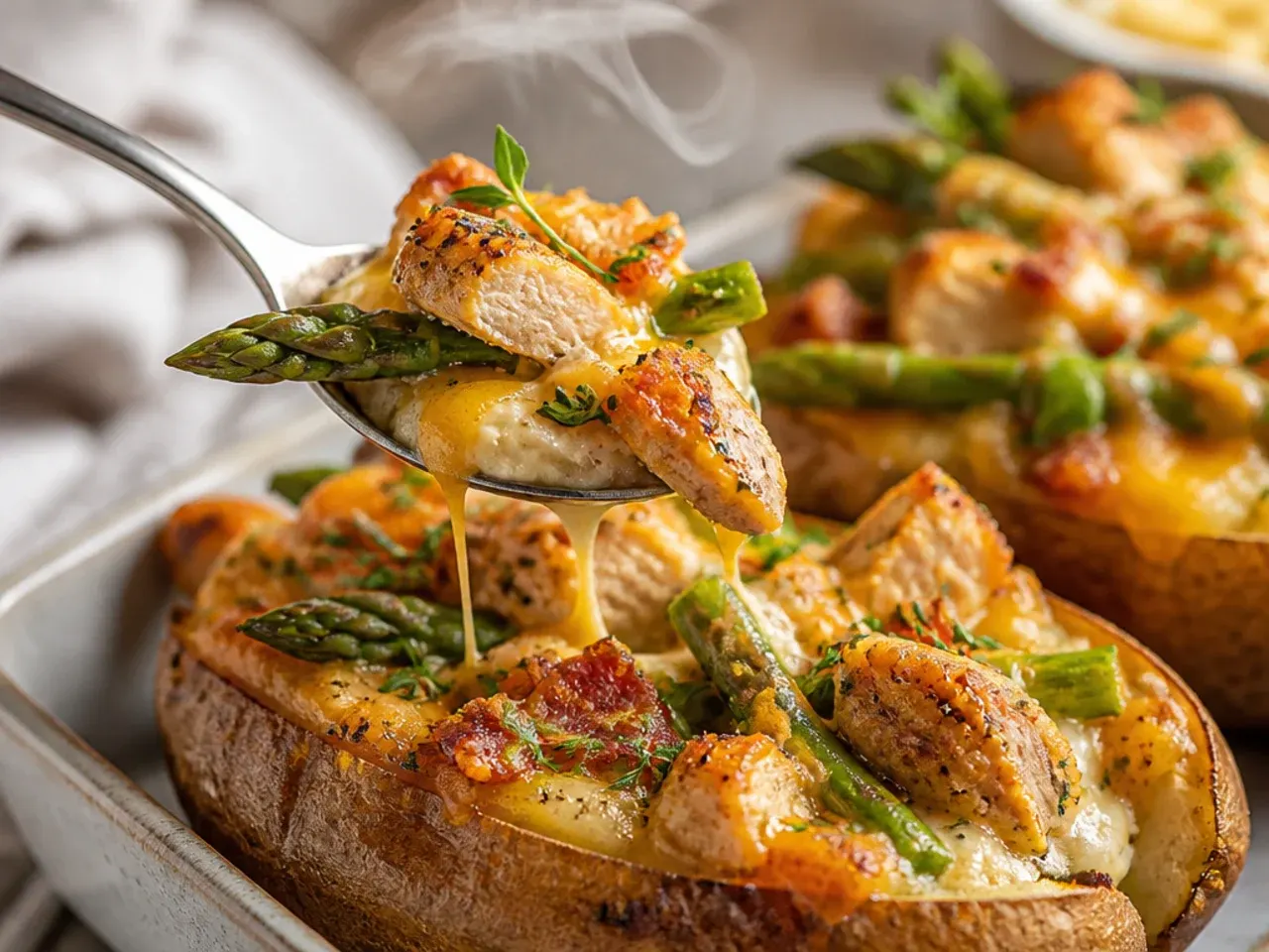 Loaded jacket potato topped with creamy chicken and asparagus and melted cheese