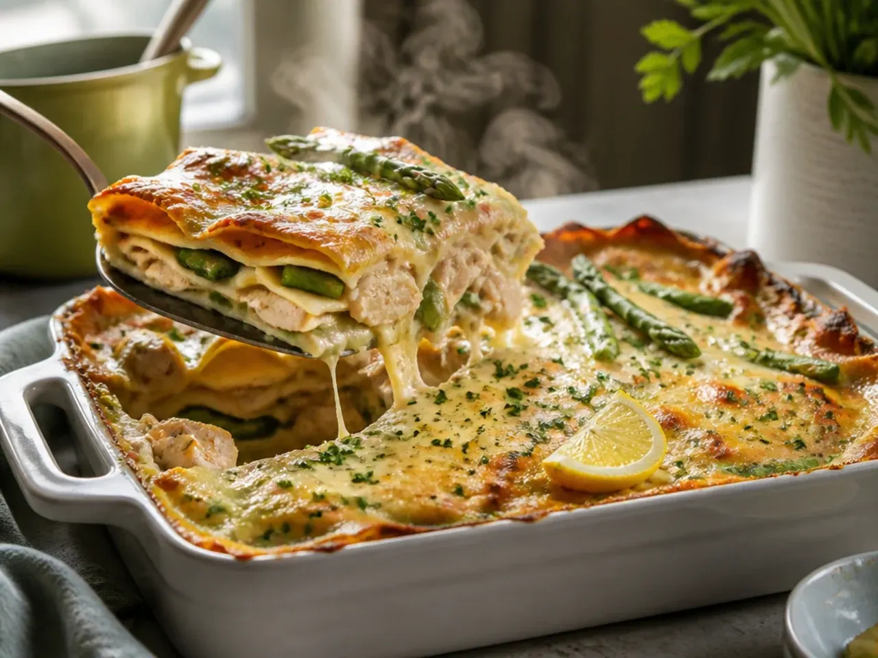 Sliced chicken and asparagus lasagne showing creamy layers