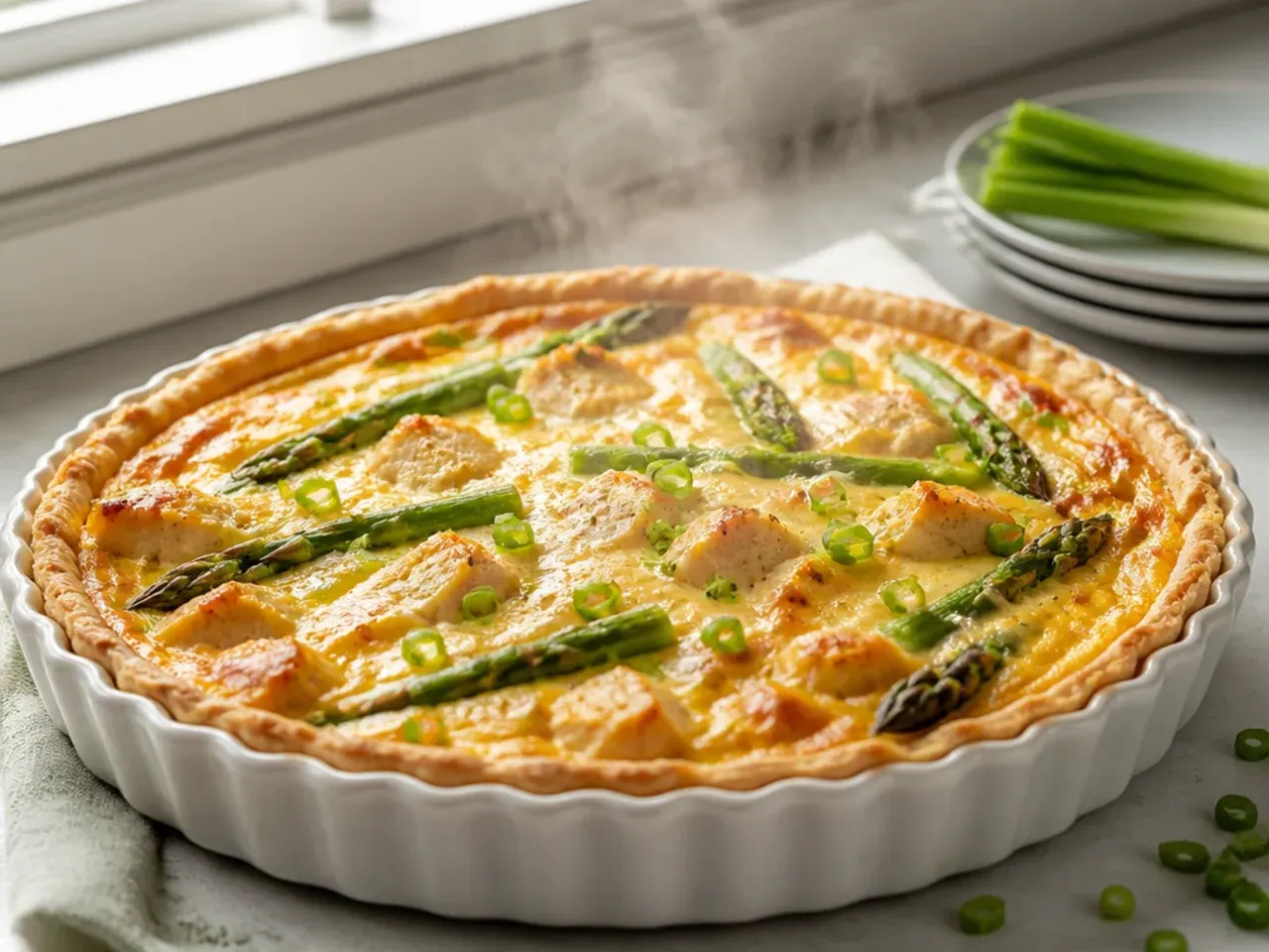 Sliced chicken and asparagus quiche with spears arranged decoratively on top
