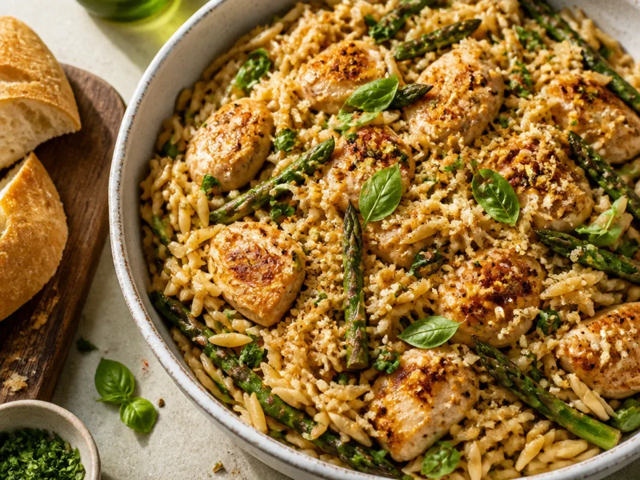 One-pot chicken and asparagus orzo in a Dutch oven finished with lemon zest