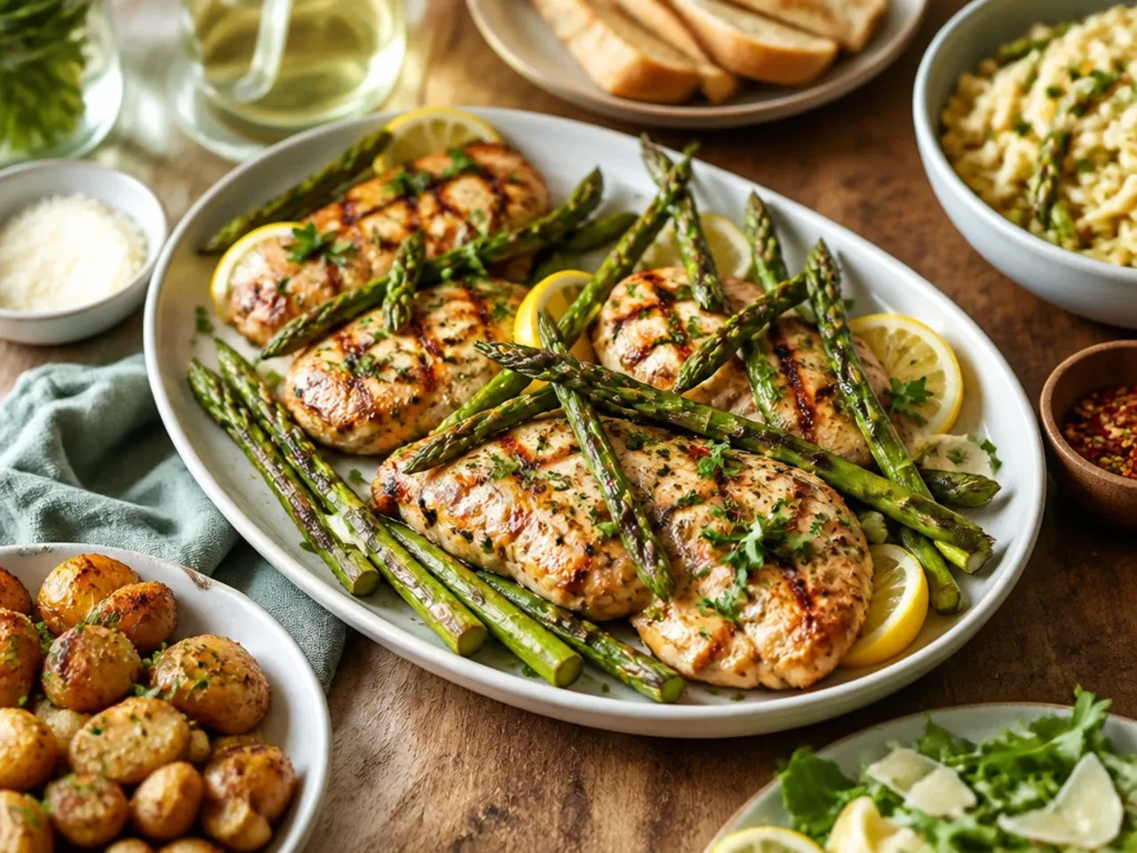 Plated chicken and asparagus dinner served with rice and crusty bread
