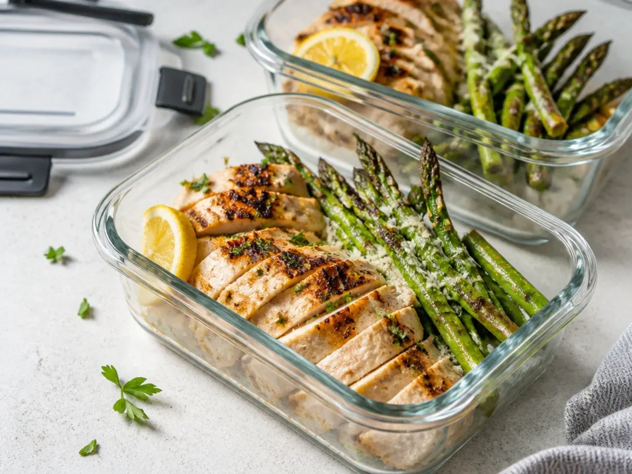 Airtight container of leftover chicken and asparagus ready to be stored in the fridge