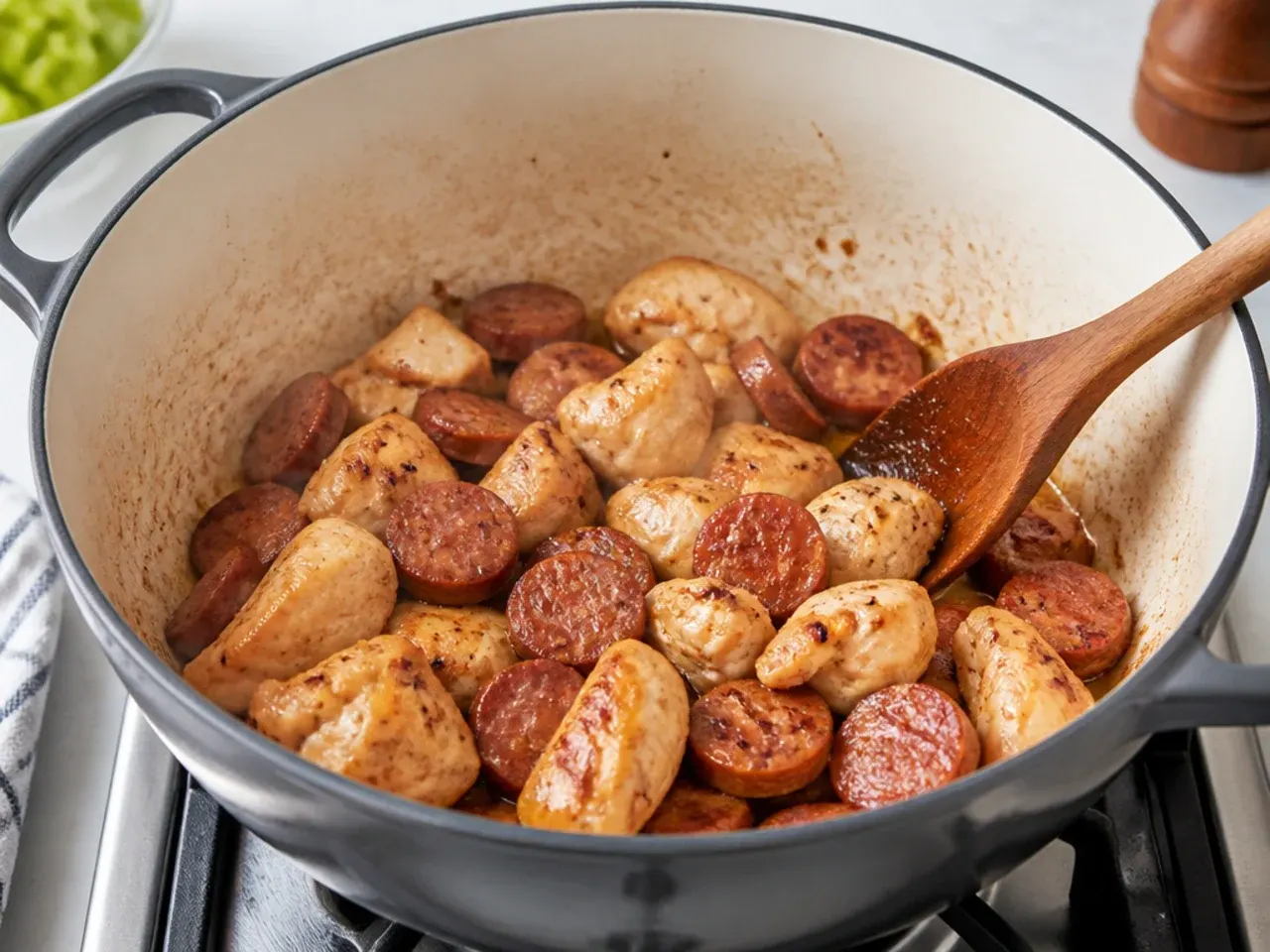 chicken and sausage gumbo — step 1: brown the sausage and chicken