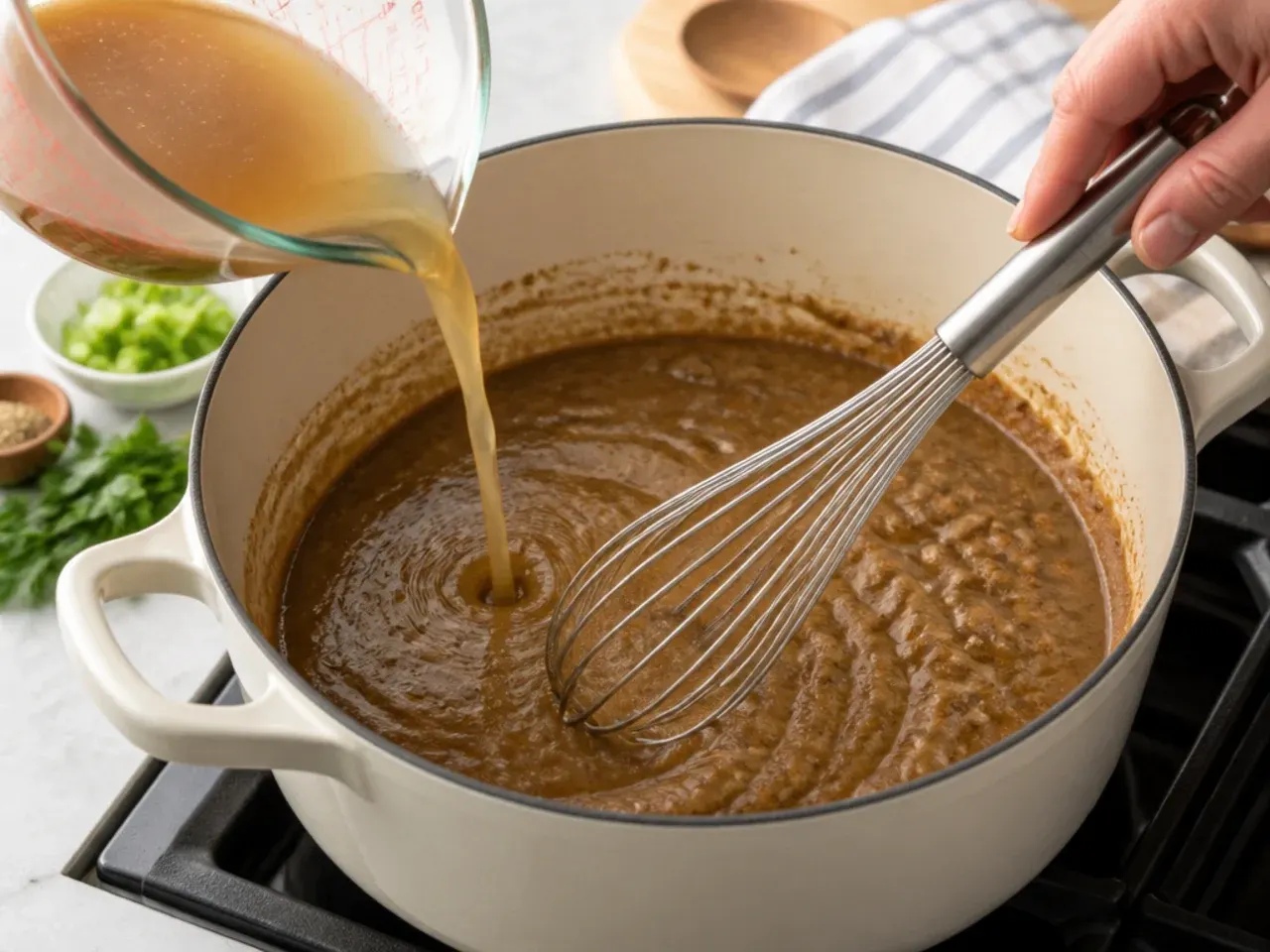 chicken and sausage gumbo — step 4: whisk in the warm stock